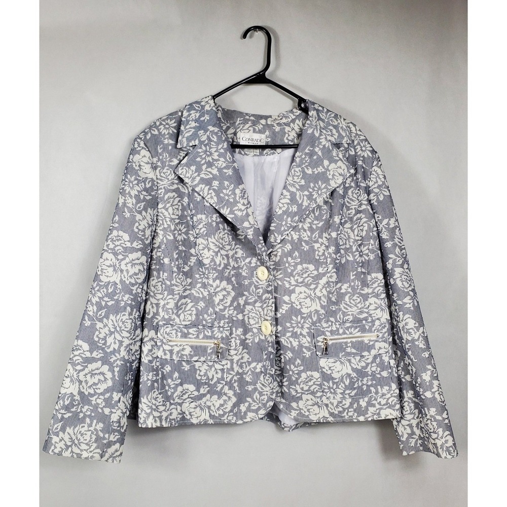 Conrad C Woman Navy White Floral Striped Jacquard Blazer Jacket Plus Size 20